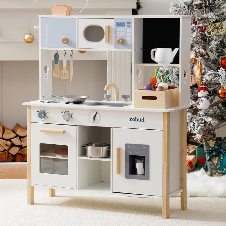 ROBUD Spielküche für Kinder, Kinderküche Holz mit Pflanzkasten & Toaster & Eismaschine & Schneiden S