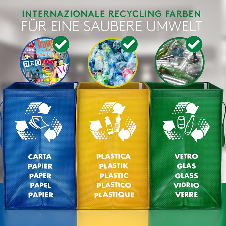 PTMS® Mülleimer 3 Fächer MAXI XL extra gross - Mülltrennsystem Taschen für Papier, Glas & Plastik -