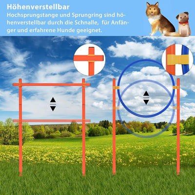 TRMLBE Agility Set Hunde Agility-Ausrüstung Verstellbare Höhe mit Sprungringe, Tunnel, Slalom-stange