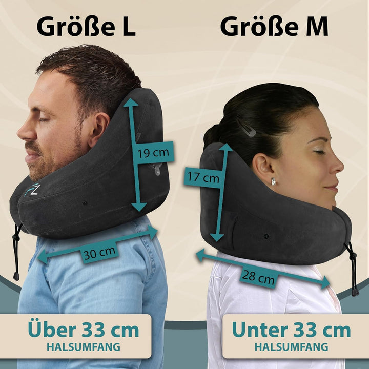 FLOWZOOM AIR Nackenkissen aufblasbar mit Kapuze - Reisekissen - Schnell aufblasbares Reise - Flugzeu