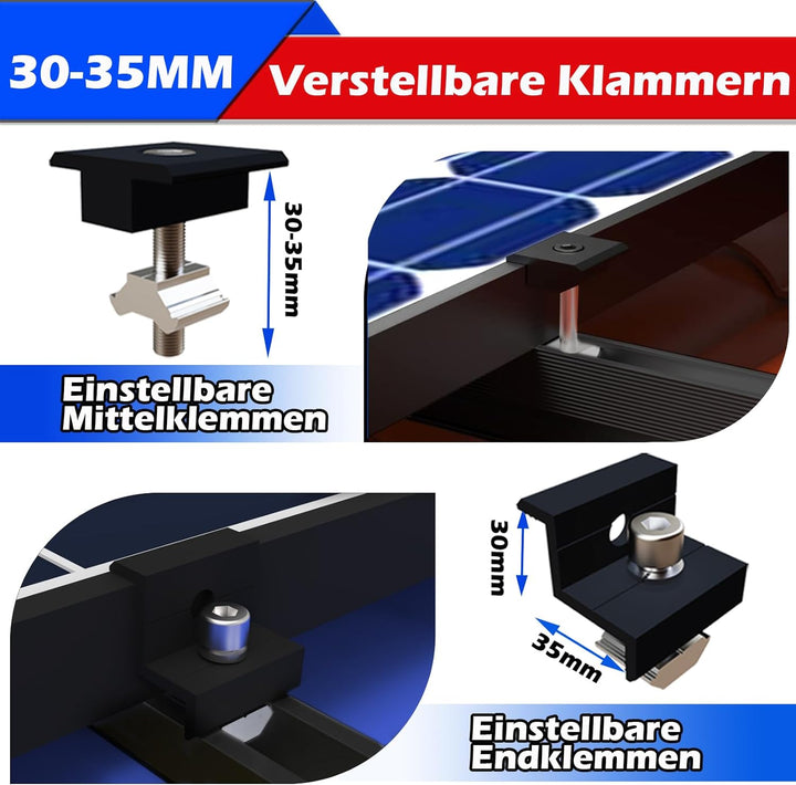 Warmfay Solarmodul Halterung Montageset, Schwarzes 12CM Aluprofil und Verstellbare Klammern Befestig