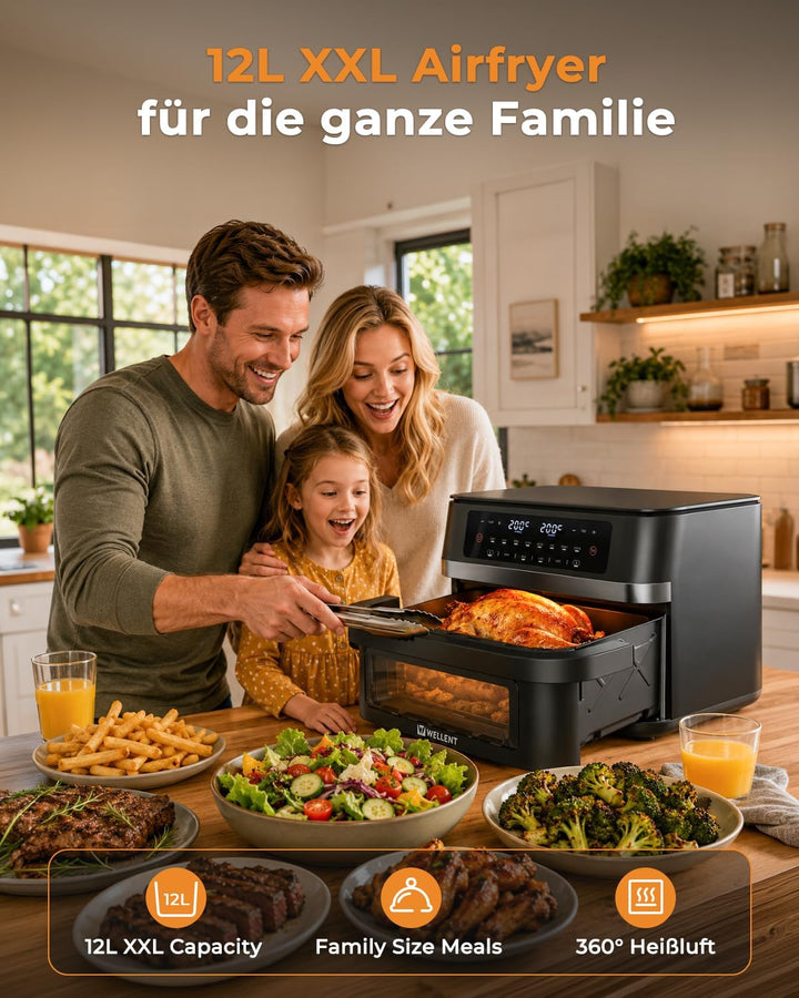 WELLENT 12L XXL Heissluftfritteuse 2950W, 8-in-1 Airfryer 2 Kammern(6+6L), Heissluftfritteuse Doppel
