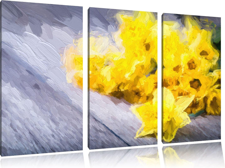 Pixxprint Bündel gelber Narzissen Kunst Pinsel Effekt 3-Teiler Leinwandbild 120x80 Bild auf Leinwand