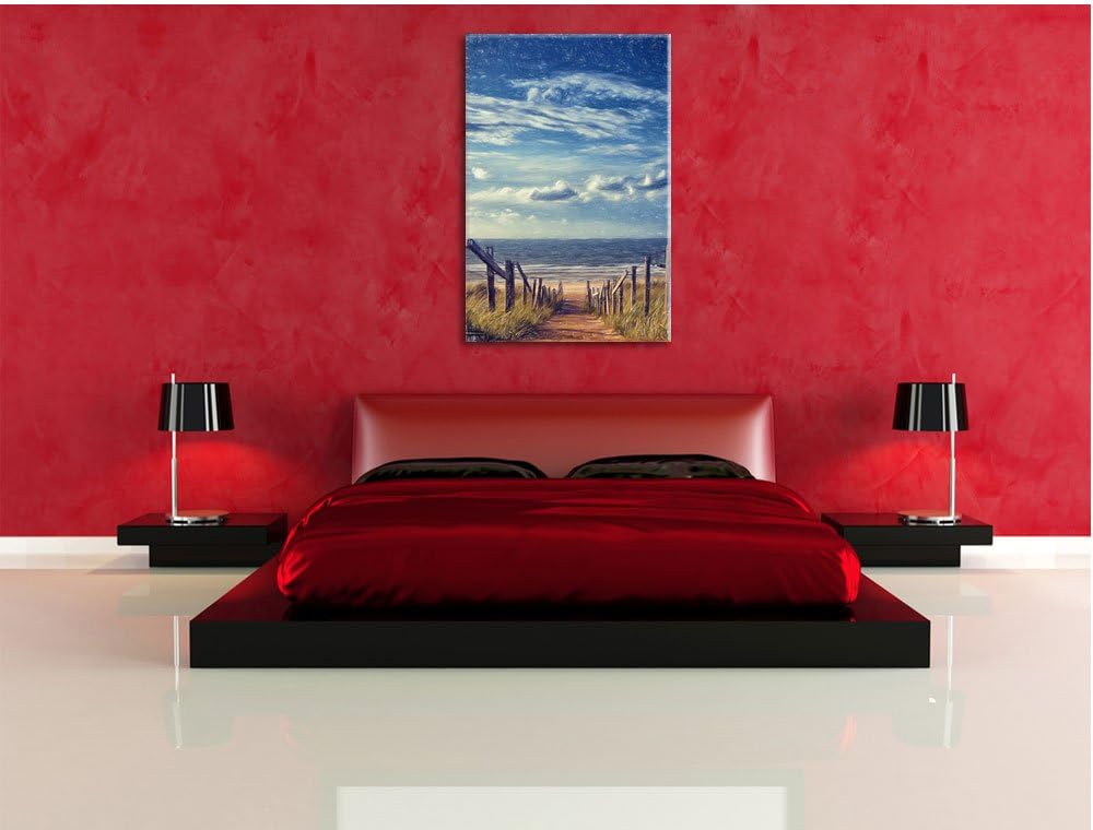 Pixxprint Weg zum Strand am Meer Kunst Buntstift Effekt, Format: 100x70 auf Leinwand, 100x70