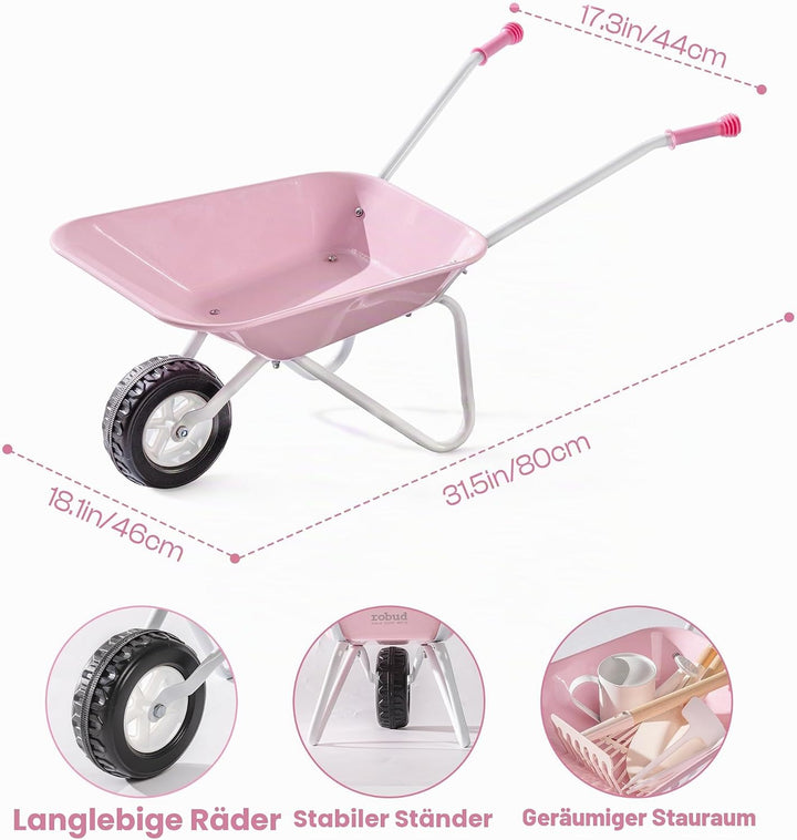 ROBUD Kinderschubkarre Metall mit Gartengeräte Set, 6-teilig Kinderschubkarre mit Langer Schaufel, R