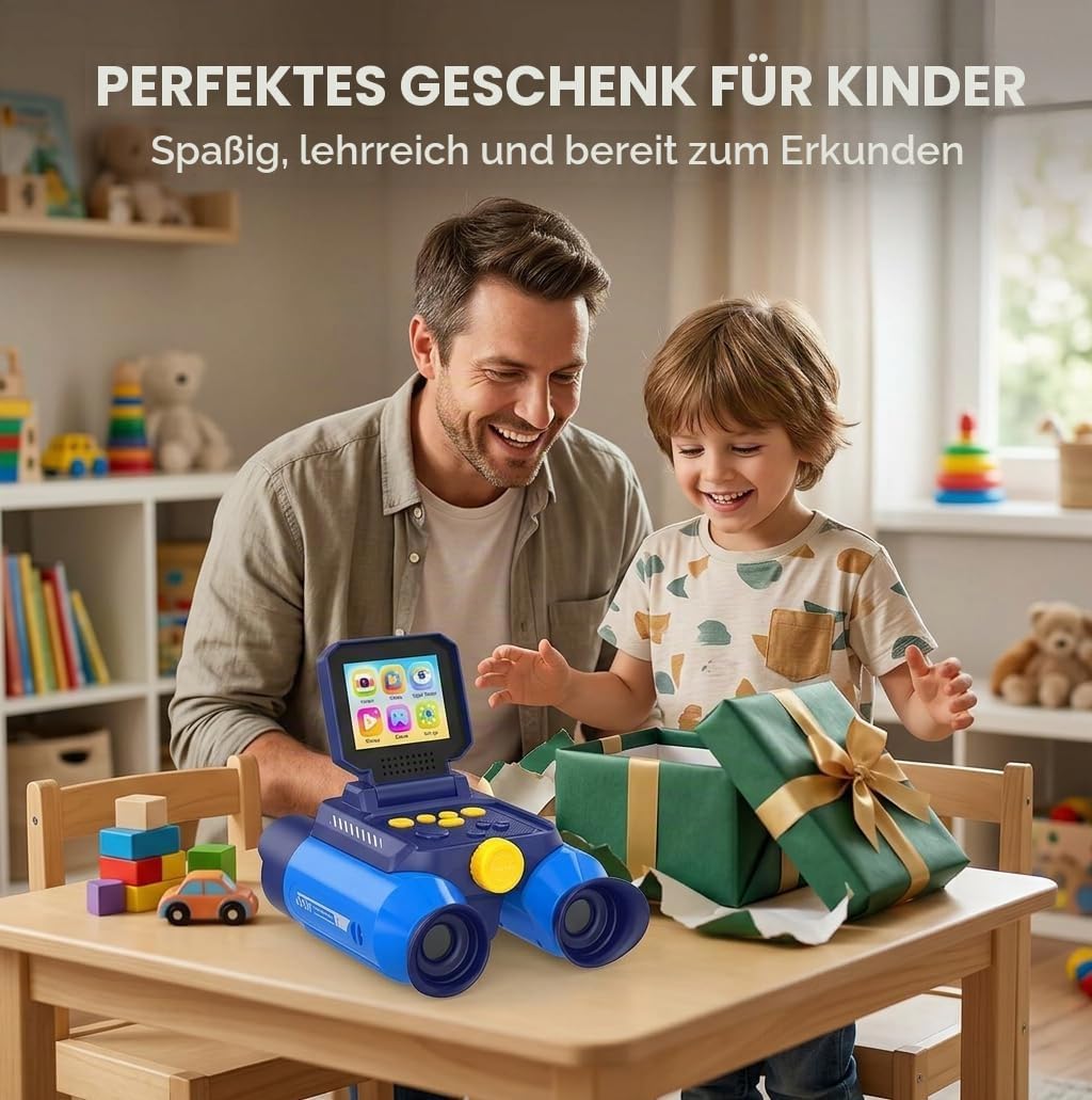 Kinder Fernglas 10x Zoom mit Kamera &amp; Nachtsicht – Blau | 25mm Okular, 2,4" Display, 48MP Fotos, 108