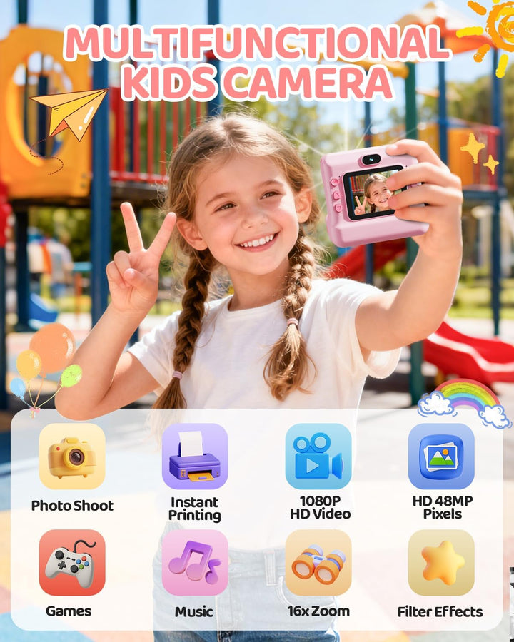 CalineGam Kinderkamera Sofortbildkamera, 1080P HD Sofortbildkamera Kinder mit 32 GB Karte und 3 Papi