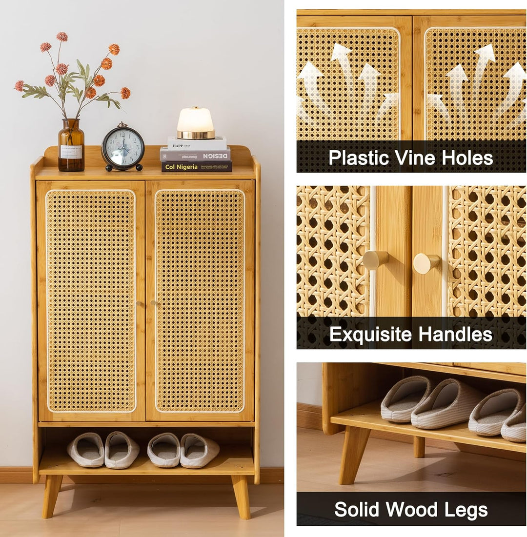 Schuhschrank Holz mit Korbgeflecht-Türen, Moderner Bambus Schuhschrank mit 5 Ebenen, Schuhregal mit