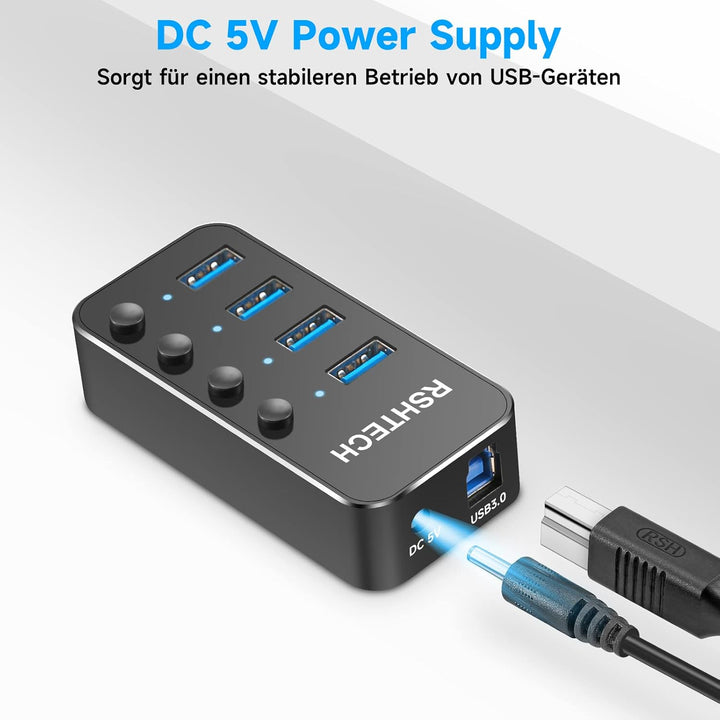 USB Hub Aktiv 3.0 mit Netzteil, RSHTECH USB 3.0 Hub mit 4 Datenports USB 3.0 Port Verteiler mit 100c