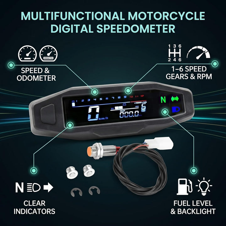 Shkalacar Motorrad Digitaler Tachometer, Drehzahlmesser mit 1-6 Gang LCD Display, Blinker, Hintergru