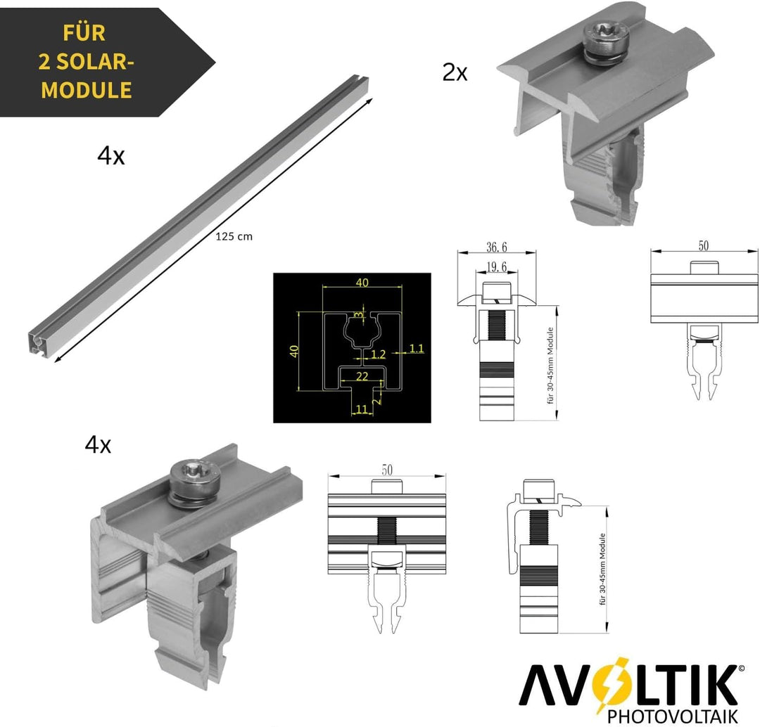 Avoltik Solar Halterung Ziegeldach | Montageset für 2 Paneele I Set aus 8 Dachhaken Edelstahl 3-Fach