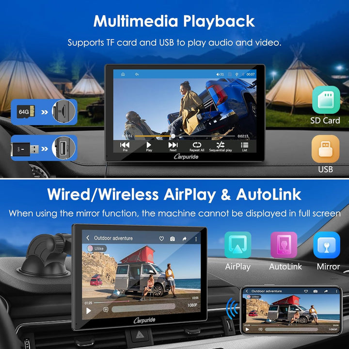 CARPURIDE C98 Kabelgebundenes/Kabelloses Carplay & Android Auto Tragbares Autoradio, 9-Zoll-HD-Touch