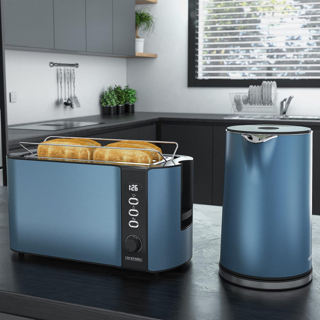 Arendo - Wasserkocher und Toaster SET Edelstahl Blau, Wasserkocher 1,5L, 40° - 100°C Warmhaltefunkti