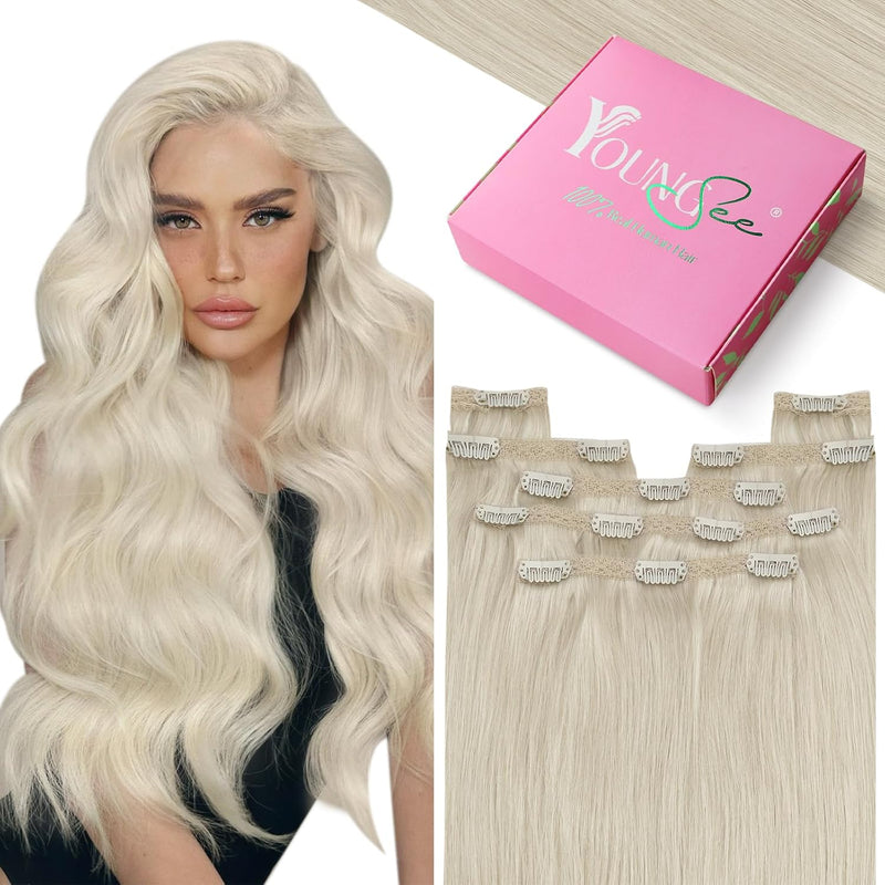 YoungSee Clip in Extensions Platinblond 30 CM Clip in Extensions Echthaar Blond Echthaar Extensions