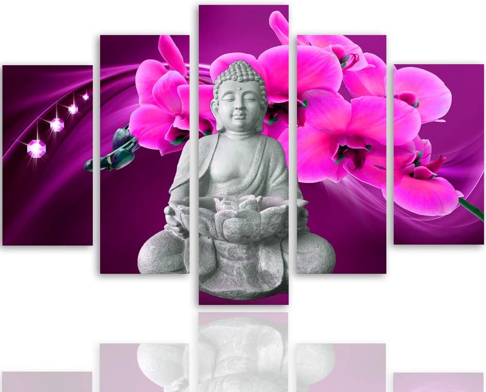 Feeby Bilder Buddha 200x100 cm Leinwandbild 5 Teilig XXL Kunstdruck modern Blumen rosa Leinwandbild