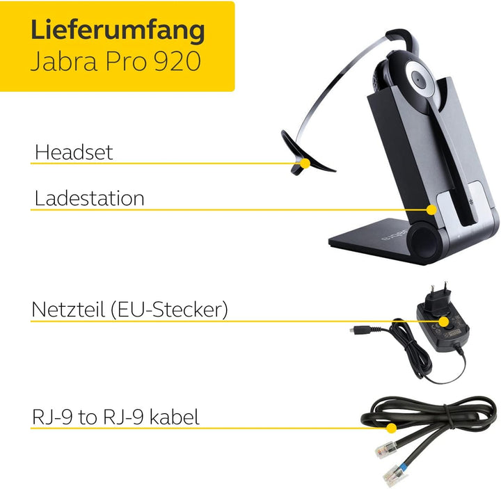 Jabra Pro 920 DECT Kabelloses On-Ear Mono Headset - HD Voice und Noise Cancelling - ganztägige Akkul