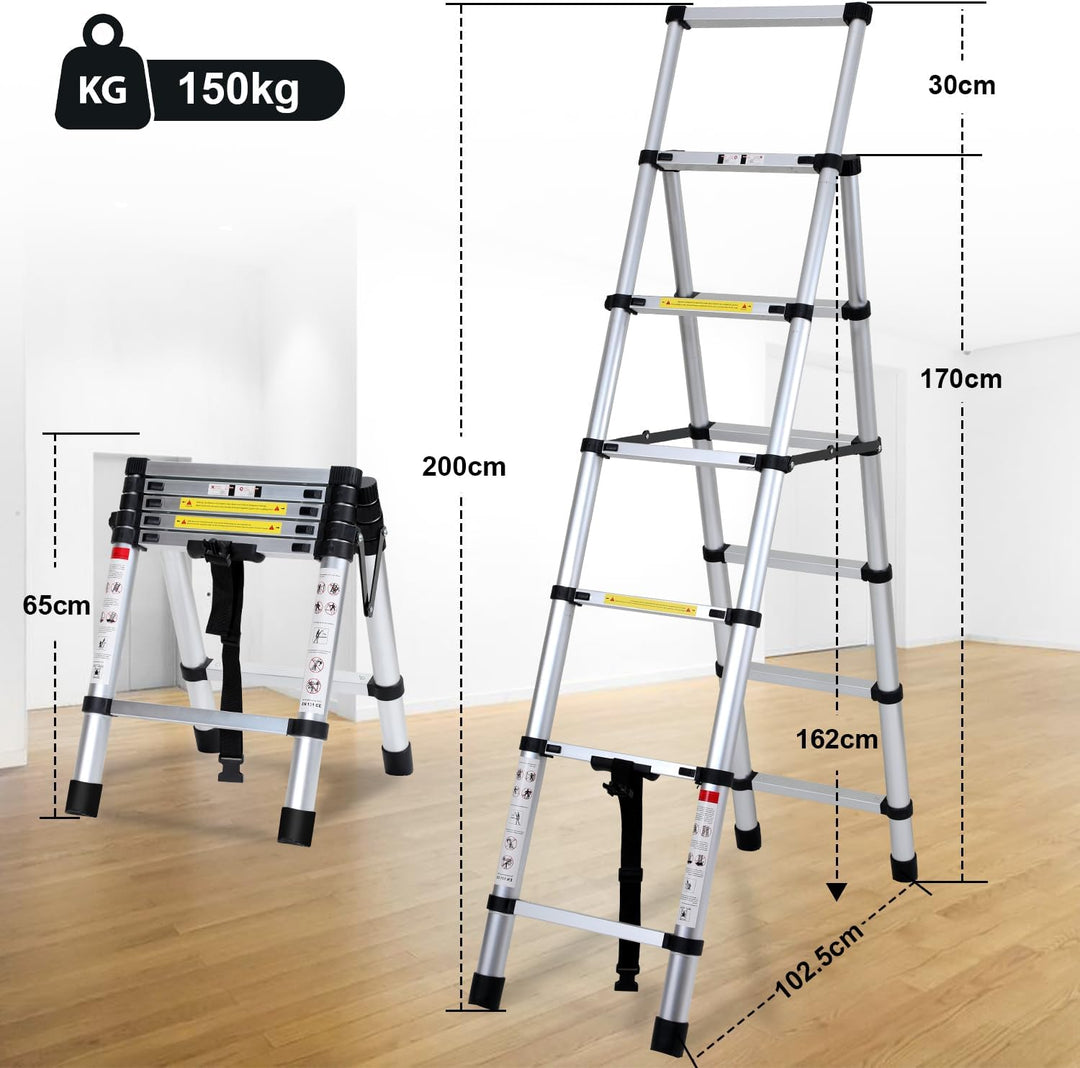 Eulenke Teleskopleiter 1.7m+2.0m Aluminium Trittleiter 5+6 Stufen Tragbare rutschfeste Klappleiter,