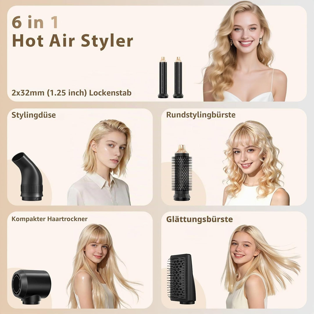 Sendowtek Haarstyler 6 in 1, Airstyler Set 950W Multi Haarstyling Geräte mit 3 Temp Lockenstab Warml