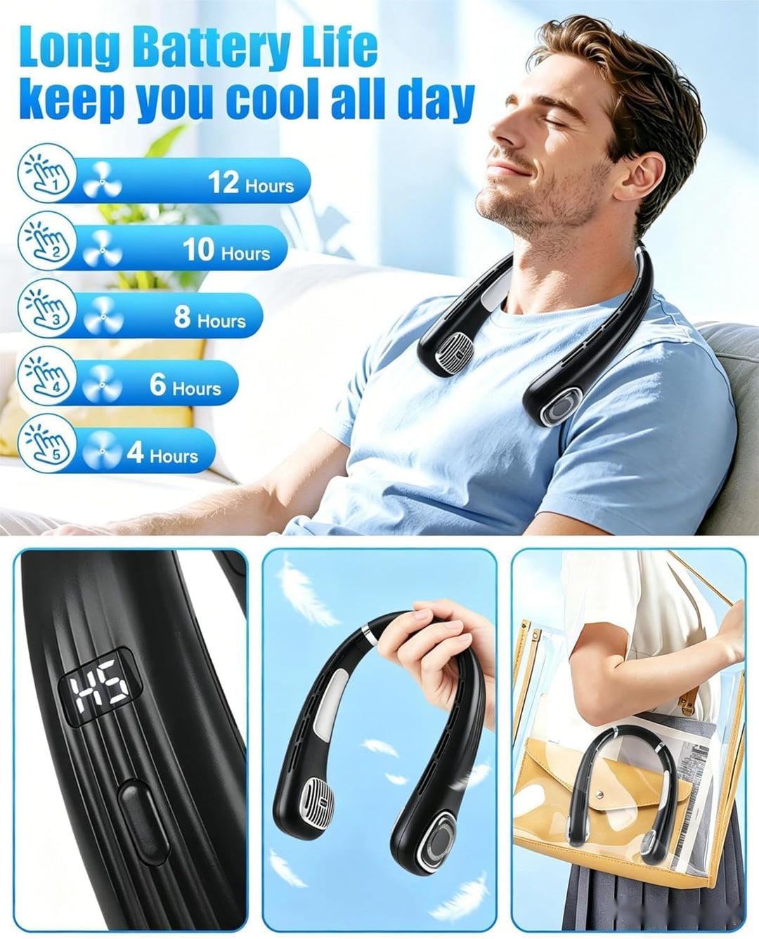 USB Ventilator Hals Akku Leise Stark mit LCD, Nackenventilator Tragbarer Klein 5 Stufen 360° Verstel