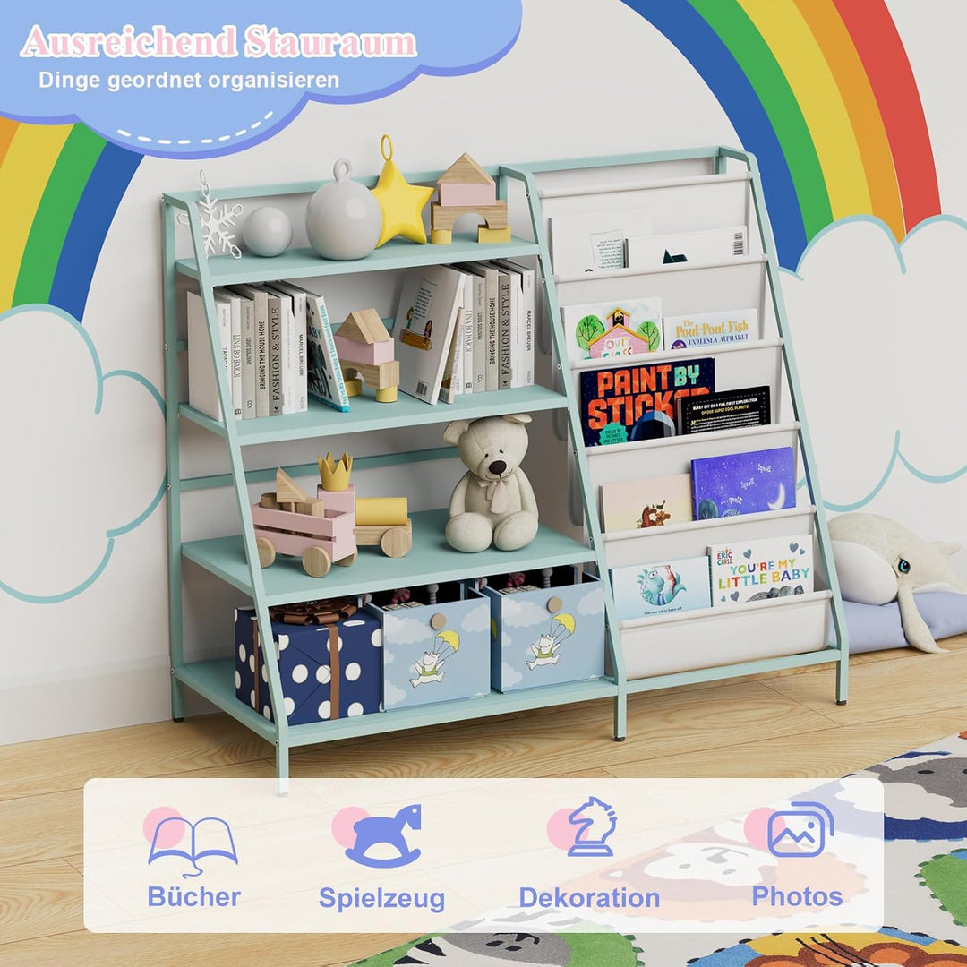 KEEPREAPER Bücherregal Kinder Metall mit 5 Fächern und 3 Ablagen, Kinderregal Montessori Spielzeug-O
