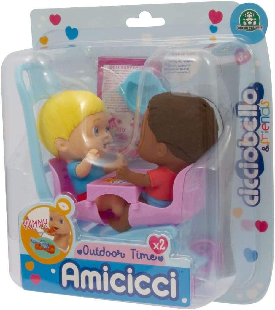 Amicicci Cicciobello Kinderwagen mit Figur, zum Spazierengehen mit dem Doppel-Kinderwagen, Set aus P