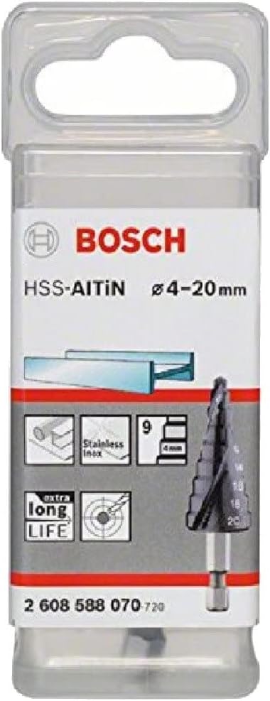 Bosch Professional Stufenbohrer HSS-AlTiN mit 1/4"-Sechskantschaft (Ø 4-20 mm, 9 Stufen, Zubehör für