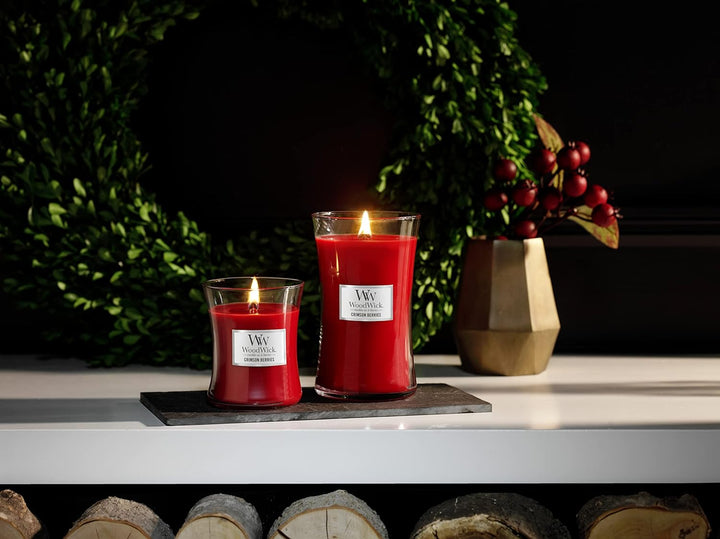 Grosse WoodWick Duftkerze im Sanduhrglas mit knisterndem Docht, Crimson Berries, bis zu 130 Stunden