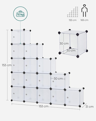 SONGMICS 16 Würfel DIY Regalsystem Kleiderschrank aus Kunststoff mit Türen in modischem Weiss stabil