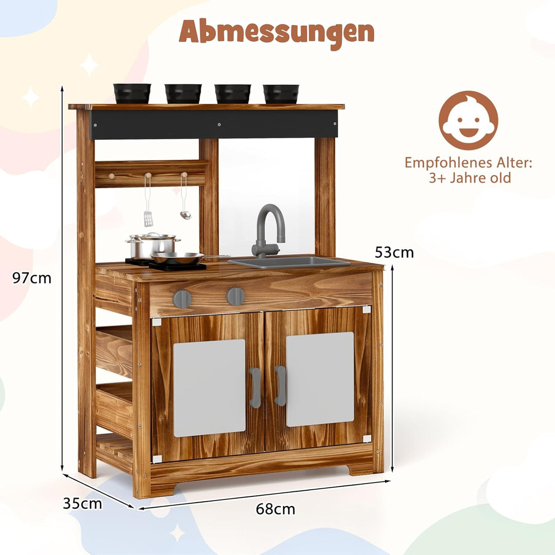 DREAMADE Matschküche Kinder Outdoor, Spielküche aus Tannenholz mit Waschbecken, Wasserhahn, 2 Herden