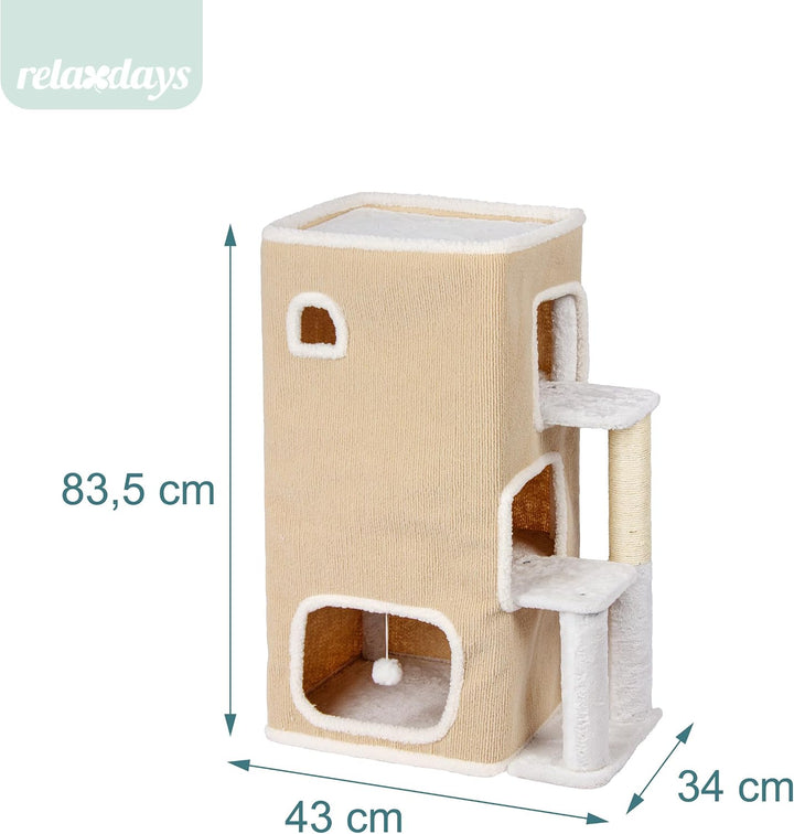 Relaxdays Katzenhaus 3-stöckig, Katzenhöhle mit Ball &amp; Kratzbaum, beige | HxBxT: 83,5x43x34 cm, Tier