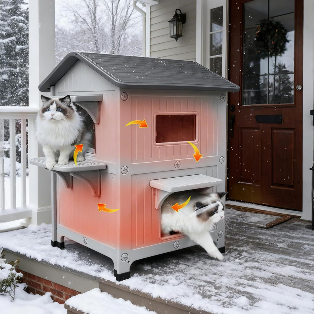 Katzenhaus Outdoor, Zweistöckiges Wetterfestes Katzenunterschlupf aus HDPE-Kunststoff mit Fluchttür,