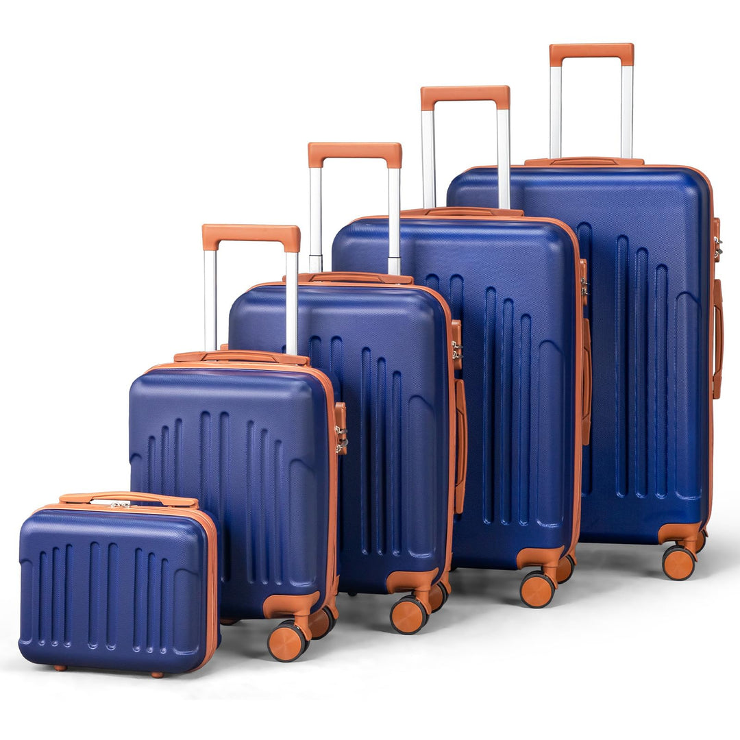 LALAHO Kofferset 5 teilig mit Kosmetikkoffer (Navy-Braun) | Hartschalen Koffer Set aus ABS, Reisekof