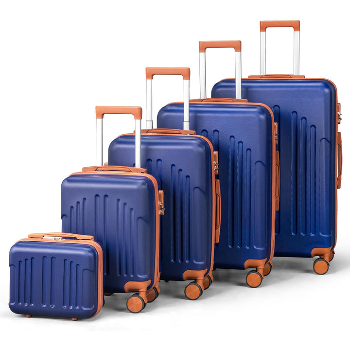 LALAHO Kofferset 5 teilig mit Kosmetikkoffer (Navy-Braun) | Hartschalen Koffer Set aus ABS, Reisekof