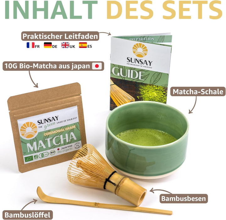 SUNSAY® MATCHA SET mit Japanischem Bio Matcha Tee – Komplettes Service-Set – Matcha-Schale, Bambusbe