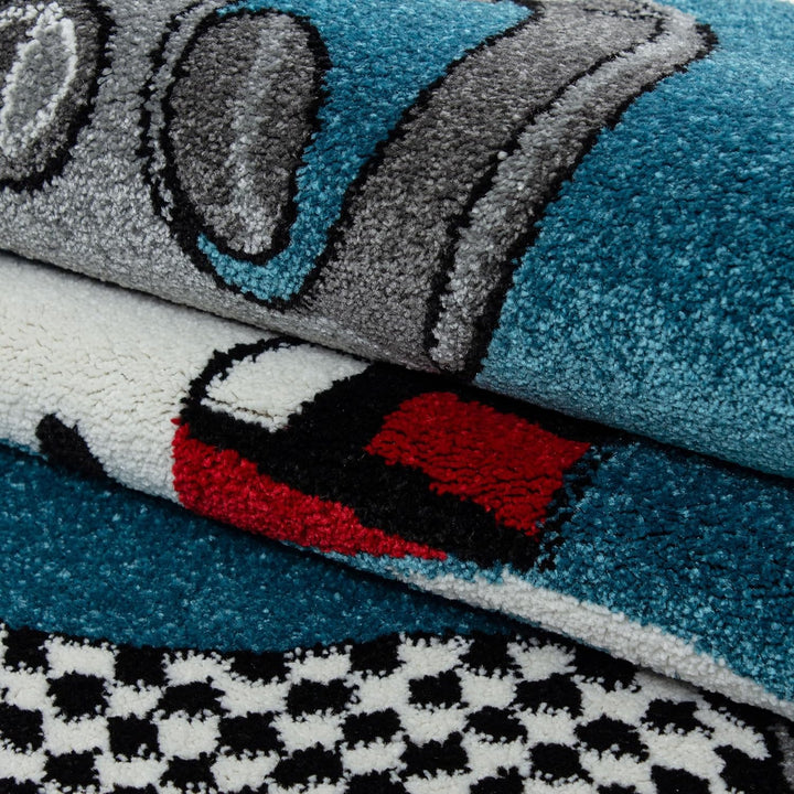 Teppium Kinderteppich für Jungen und Mädchen Rennwagen Muster 80 x 150 cm Blau - Kurzflor Waschbarer