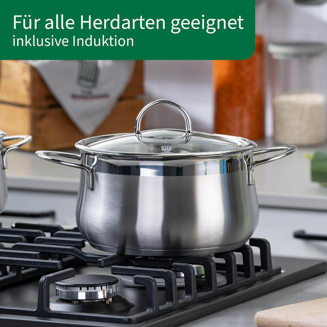 FACKELMANN Chefkoch Kochtopf mit Glasdeckel Leipzig – ø20cm Edelstahl 18/8, Aluminium-Kern, für alle