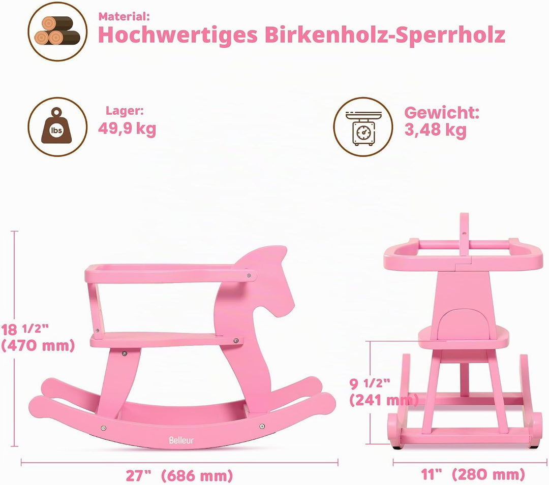 Schaukelpferd ab 1 Jahr, Schaukeltier Massivholz für Babys und Kleinkinder, Schaukelstuhl Holz Pferd