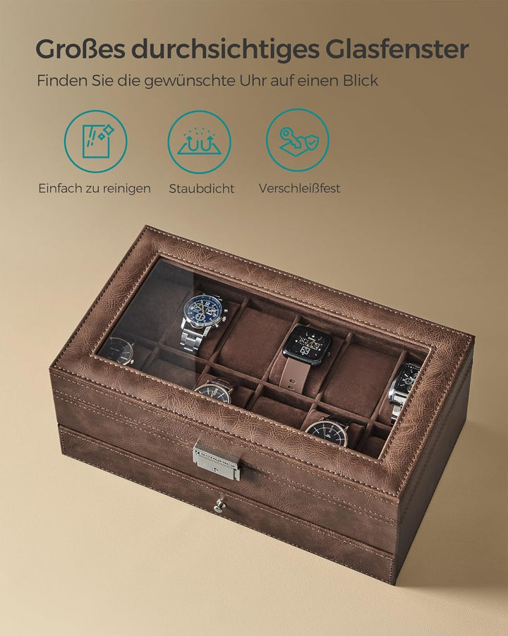 SONGMICS Uhrenbox, Uhrenkasten mit Glasdeckel, Uhrenkoffer 2 Ebenen, für 12 Uhr, abschliessbar, 1 Sc