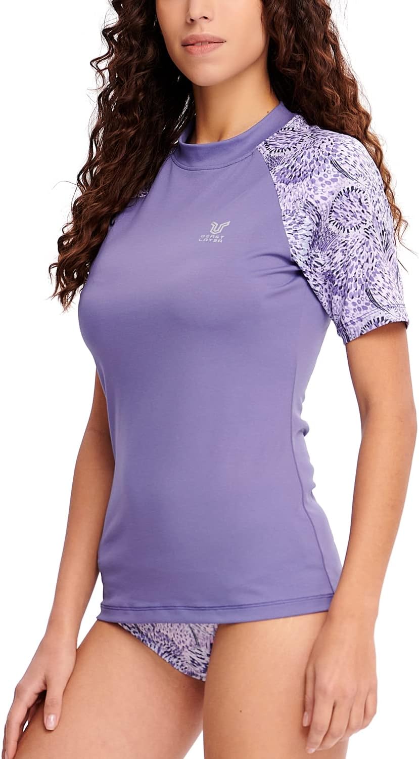 HUGE SPORTS Damen Rashguard Kurzarm Sonnenschutz Schwimmshirt Schnell Trocknend Surf Sport T-Shirt S