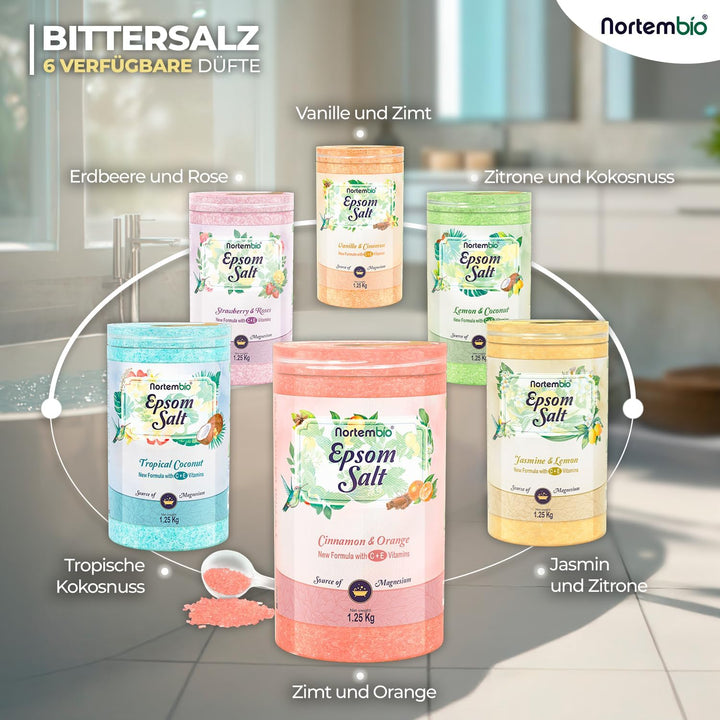 Nortembio Epsom Salz 6 Kg. Neuartigen Duft von Zitrone und Kokosnuss. Hydratisiert mit Vitamin C und