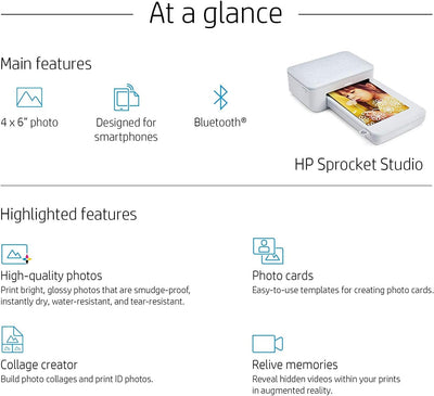 HP Sprocket Studio 10x15 cm Sofortbilddrucker (Weiss) Drucken Sie Fotos von Ihren iOS-, Android-Gerä