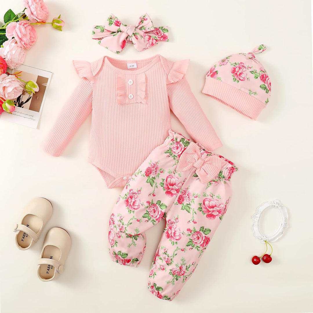 Neugeborenes Baby Mädchen Kleidung Kleinkind gerippt Ruffle lange Ärmel Strampler+ Floral Hosen+ Sti