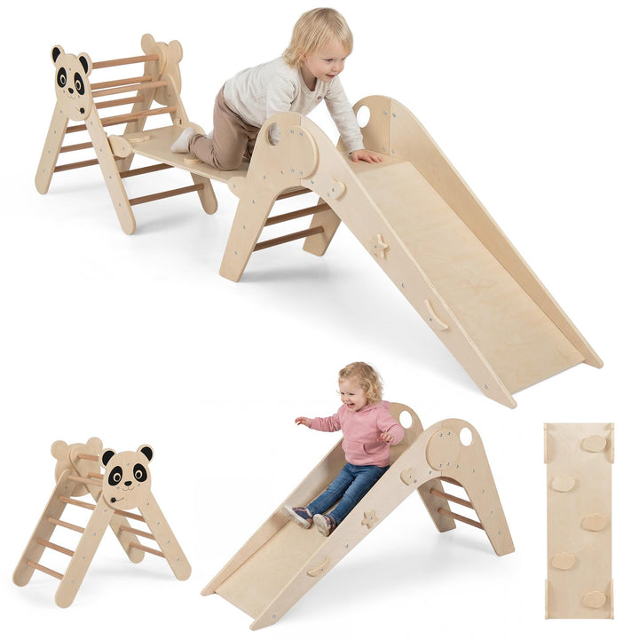 FANTASK Kletterdreiecke Indoor 3er Set, Klappbares Klettergerüst Holz mit Rutsche, Rampe & Kletterle