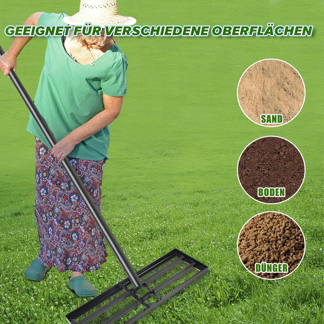 MaxEarn Rasen Nivellierrechen, 75x25 cm Garten Rasenrakel, Metall Rasenrechen mit 180 cm Verlängerte