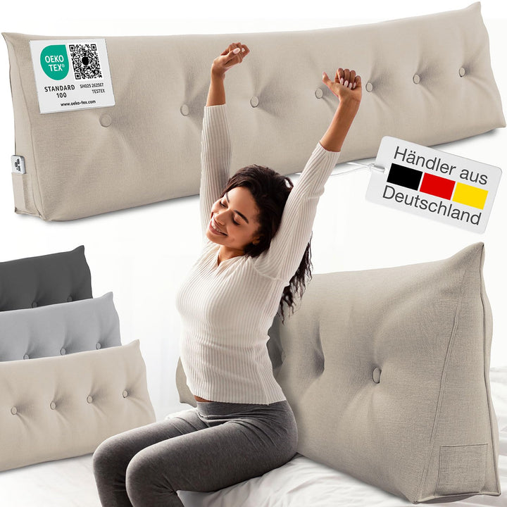ELONEO Rückenkissen 200 cm breit, Keilkissen für Bett und Sofa geeignet, dreieckiges Lesekissen, Kis