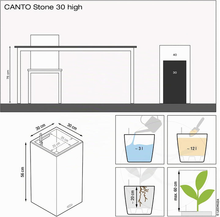 Lechuza Canto Stone 30 high All-in-One Set quarzweiss 13607 30x30x56 cm Quarzweiss, 30x30x56 cm Quar