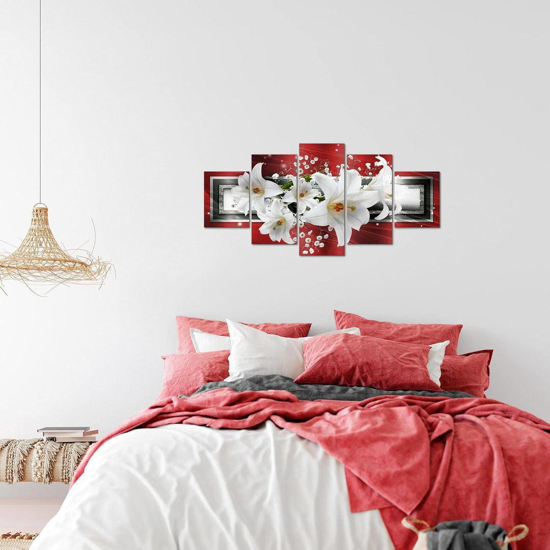 Runa Art Wandbilder Blumen Lilien 5 Teilig Bild auf Vlies Leinwand Deko Wohnzimmer Abstrakt Rot Grau