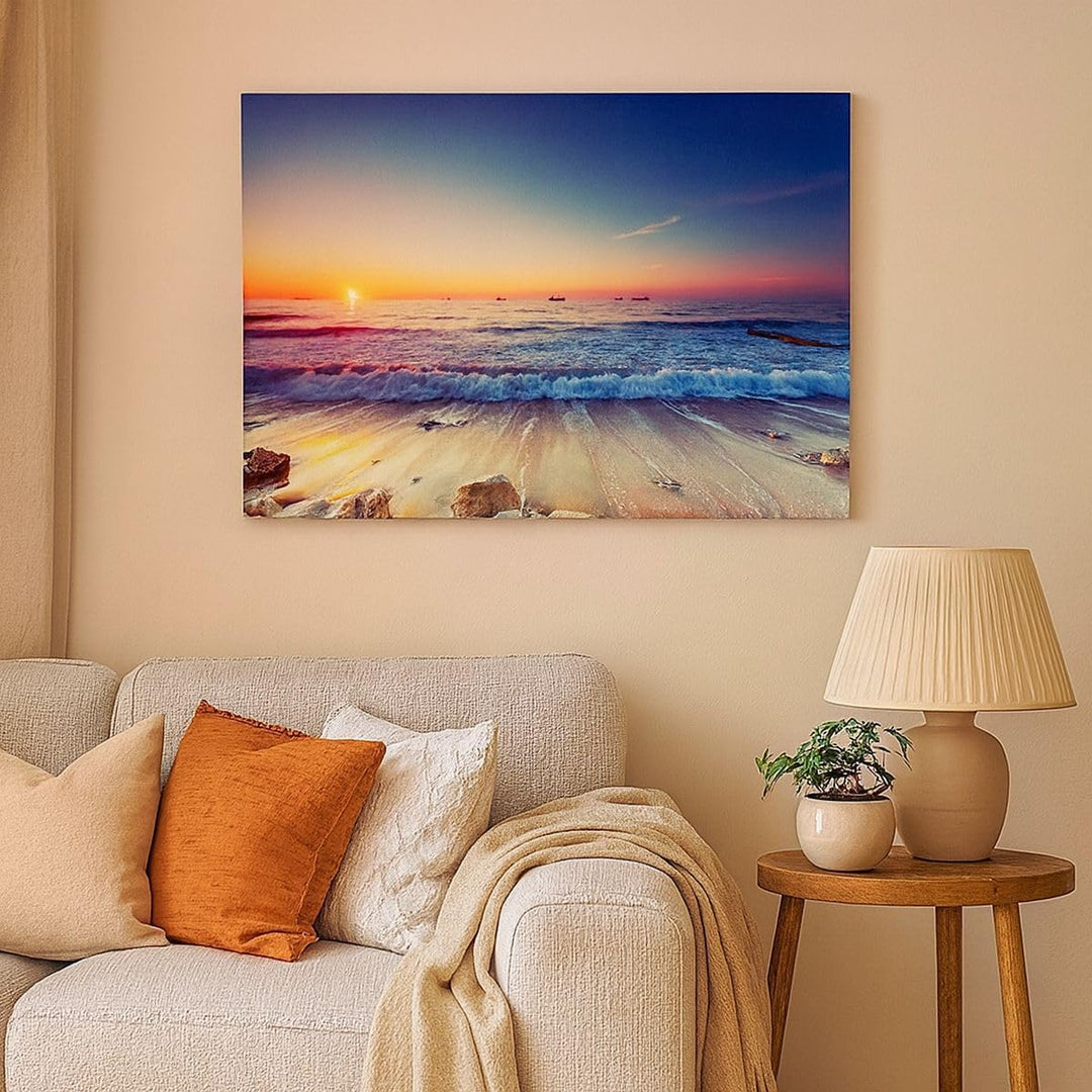 Bilder auf Leinwand 100x70cm Leinwandbild mit Rahmen Meer Strand Welle Gross Wanddeko Bild Schlafzim