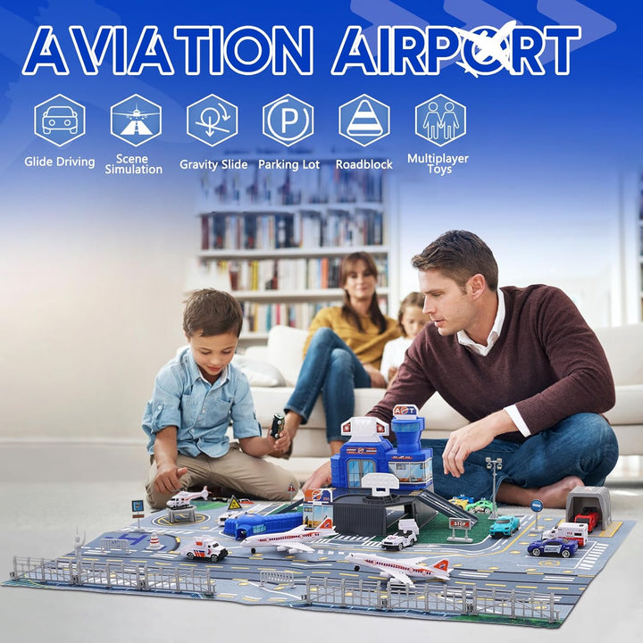 Flugzeug Spielzeug für Kinder mit Hubschrauber, Flugzeug, Lastwagen, Schilder, Feuerwehrautos und Fl