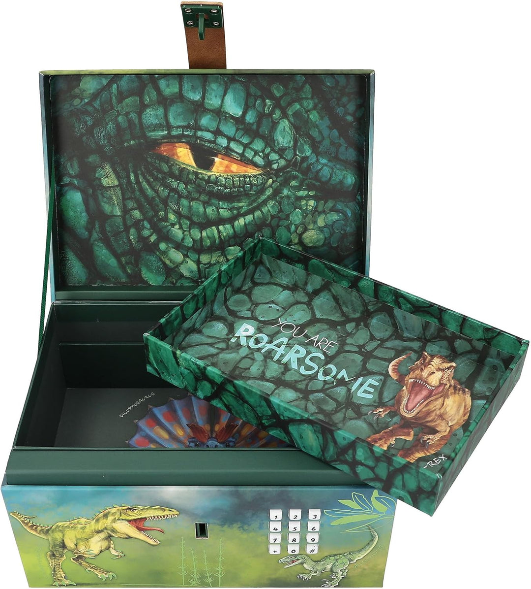 Depesche 12115 Dino World - Schatztruhe mit Code, Sound und Licht, ca. 15 x 20 x 12,5 cm gross, Kist